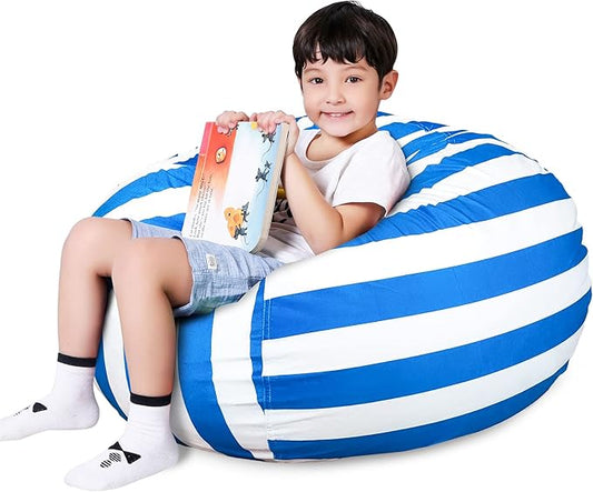 Lukeight Stuffed Animal Storage Bean Bag Chair Cover for Kids, Zipper Beanbag Chair Cover for Organizing Toddler and Kids' Rooms Plush Toys (Blue+White Velvet, X-Large)