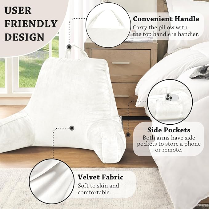 LOVTEX Reading Pillow with Removable Cover, Back Pillow for Sitting Up in Bed with Arms and Pockets, Bed Rest Pillow Adult, 20 x 15 Inches(White)