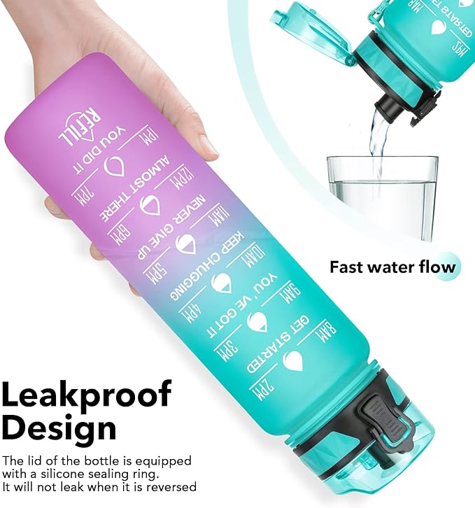 32oz/26oz Motivational Water Bottle with Time Marker & Fruit Strainer, Leak-proof BPA Free Non-Toxic 1l Bottle with Carrying Strap, Perfect for Fitness, Gym and Outdoor Sports, Plastic