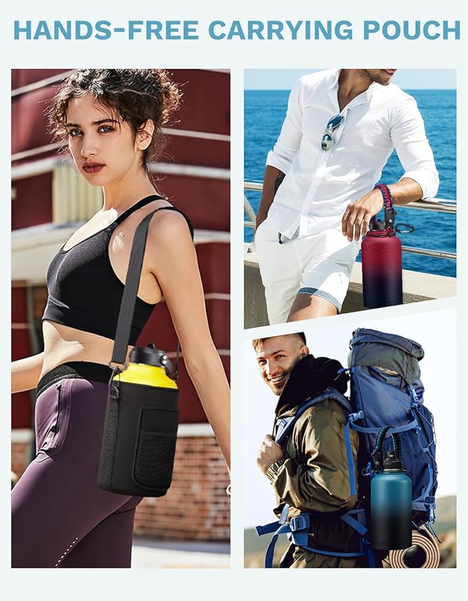 Insulated Water Bottle 64 oz - Keep Cold 48Hrs Hot24 Hrs, 1/2 Gallon Water Jug with Straw, Auto Spot Lid, Triple Wall Vacuum Stainless Steel Sports Water Bottle, Metal Half Gallon Jug