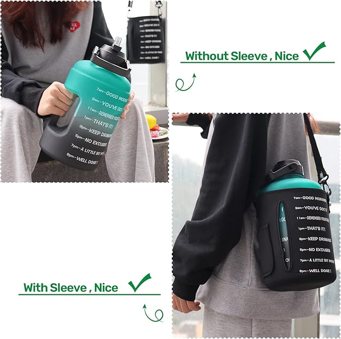 QuiFit 1 Gallon Water Bottle - with Straw & Motivational Time Marker Leak-Proof BPA Free Reusable Gym Sports Outdoor Large(128OZ) Capacity Water Jug(Green/Black with Sleeve,1 Gallon)