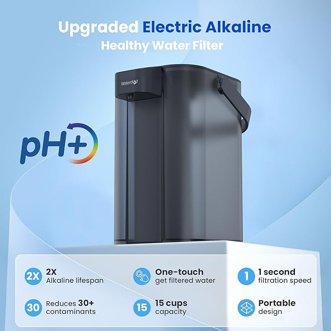 Waterdrop Alkaline Electric Water Filter Pitcher, Dispenser, NSF/ANSI 42, 200-Gallon, 5X Times Long-Life Countertop Water Filter System, Reduce PFOA/PFOS, Chlorine, Lead, 15-Cup, Blue, with 1 Filter