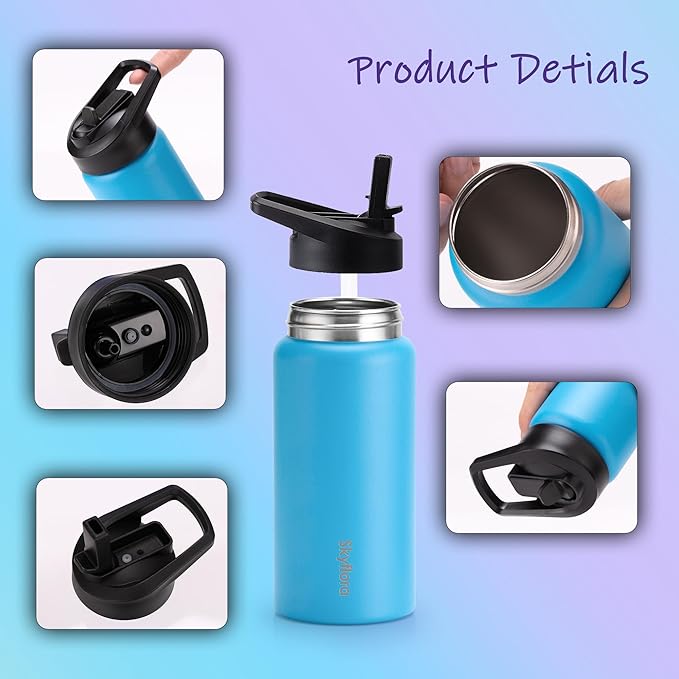 Kids Water Bottle with Straw 2 Pack, 16oz Water Bottles Bulk, Single Wall 18/8 Stainless Steel, Dishwasher Safe & Leakproof, Reusable Gift for Girls Boys to School Sports Travel Camping, Pink & Blue