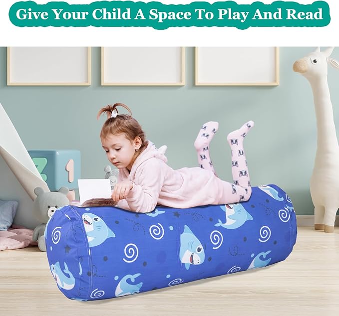 Stuffed Animal Bean Bag Storage Chair for Kids Cover Only (No Filler), Organize, Sit, Play & Boxing, 100% Cotton Canvas Washable, Ultra Soft Cylinder Long Vertical Zipper Best Gift for Child