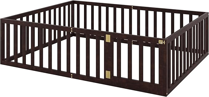 Queen Size Floor Bedframe with Door and Safety Guardrails Fence, Solid Wooden Toddler Montessori Platform Bed for Children Bedroom, Boys Girls, Kids Playroom