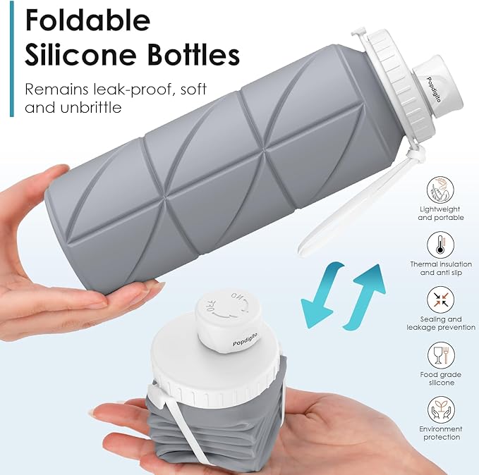Collapsible Water Bottle Foldable Silicone Travel Water Bottle Leakproof Flexible BPA Free Portable,Folding Water Bottle Lightweight for Camping, Hiking,Sports Water Bottles Travel 23oz