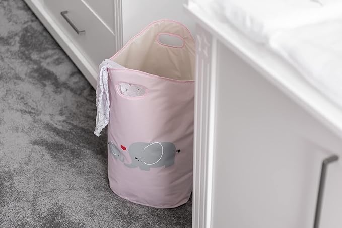 WENKO Kids Laundry Hamper, Baby Hamper for Nursery, Baby Basket for Dirty Clothes, Elephant Nursery Hamper, Toy Basket with Handles, Pink Laundry Bin, 15.7 x 20.5 x 7.9 inch