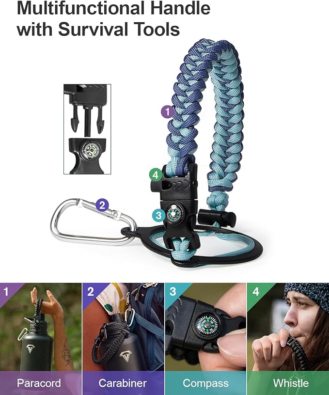 64oz Insulated Water Bottle,Half Gallon Water Flask Stainless Steel Vacuum, Cold for 48 Hrs,BPA-Free & Leakproof -with Paracord Handle, Strap,Straw Spout Lids,Large Jug for Gym Sports,Blue