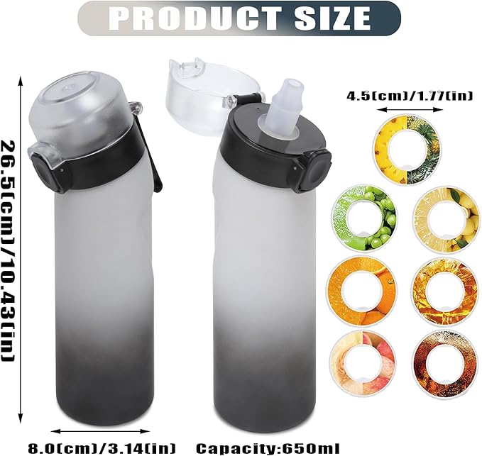 Water Bottle with Flavor Pods 21.9 Oz/650ml Fruit Fragrance Water Bottle Recyclable Sports Air Water Cup Scented Pods for Outdoor (White Black)