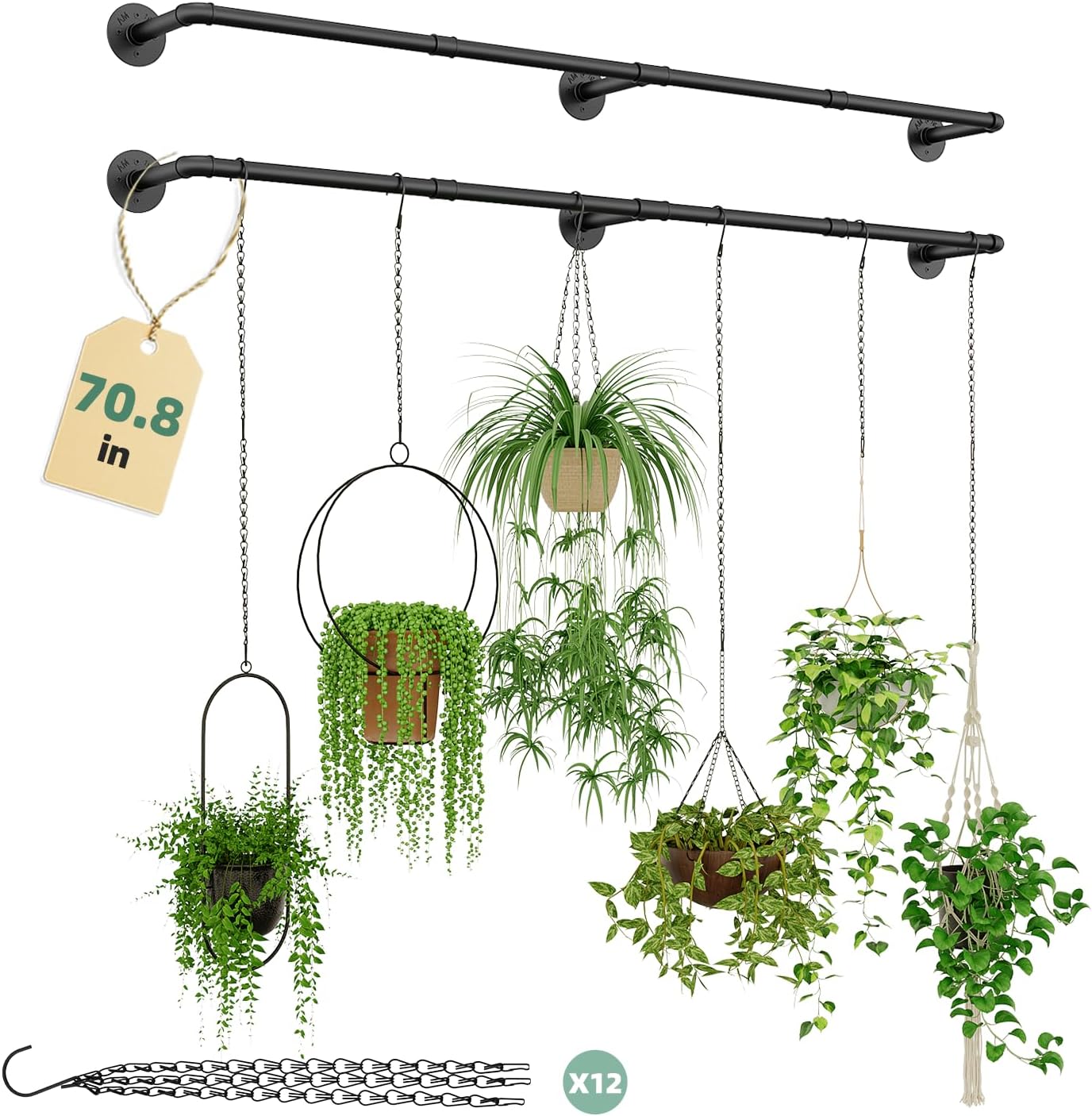 Plant Hanger Indoor with 12 Hanging Chains Hanging Planters for Indoor Plants Hanging Plant Holder Window Plant Rod Black Metal Shelves 70.8 Inch 2PCS Pot not Included