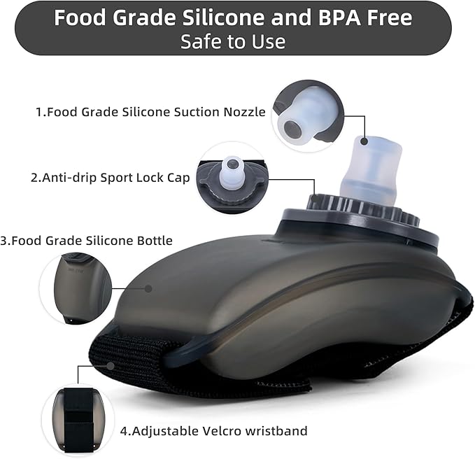 Portable Running Water Bottle Handheld, Adjustable Wrist Sports Water Bottles, Reusable Leak Proof 7 Oz Silicone Sports Water Jug for Travel Camping Rock Climbing Jogging Hiking Marathon Cycling