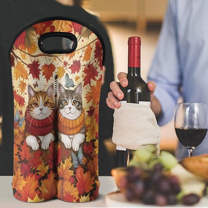 doginthehole Cute Cats Wine Bottle Holder 2 Bottle Wine Carrier Tote Bags Fall Maple Leaves Portable Champagne/Water Bottle/Beer Carriers Bag Case for Travel, Picnic, Party, Thanksgiving Day