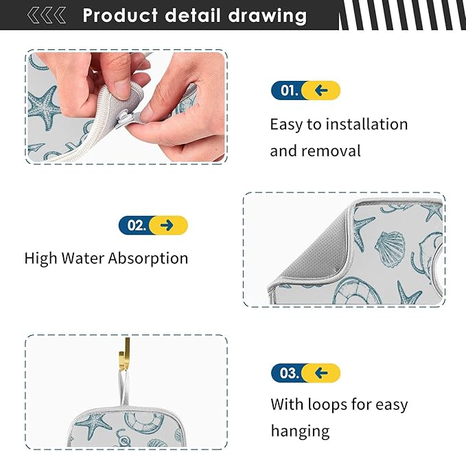 Coastal Starfish Shell Faucet Water Catcher Mat 2 Pack Seashell Ocean Nautical Theme Drying Mat Absorbent Bathroom Faucet Handle Drip Catcher Tray Bar RV Kitchen Sink Splash Guard 30x5 Inches