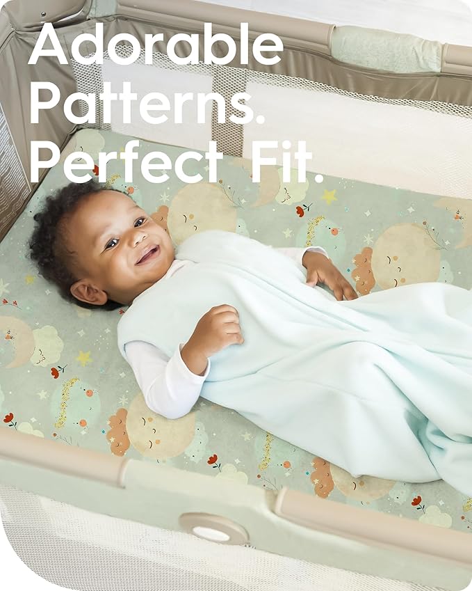 Cloud-Like Soft Pack N Play Sheets - Compatible with Graco, 4moms, Dream On Me, Baby Trend and Other 27 X 39/24 X 38 Inch Playard Mattress Pad, Jersey Knit Cotton, 2 Pack (Planet & Moon)