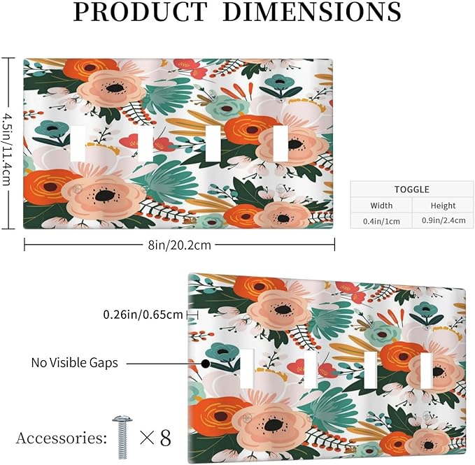 Rustic Floral Boho Colorful Flower Quad Toggle Light Switch Covers 4 Gang Wall Plate Decorative Switchplate Electrical Faceplate for Farmhouse Bathroom Bedroom Kitchen Decor