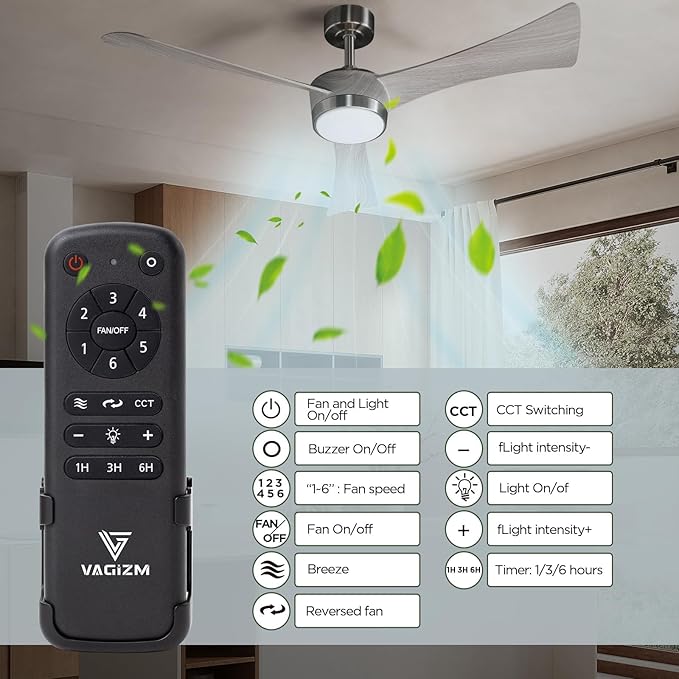 Ceiling Fan with Light Remote: 52 Inch Modern Bedroom Fans with Dimmable Tri-Color Temperatures LED - Water Transfer Printing 3 Blades (Brushed Nickel+Gray-3)