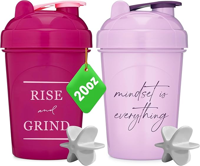 GOMOYO [2 Pack 20 Ounce Shaker Bottle with Motivational Quotes | Protein Bottle with Mixer Agitators | Blender Shaker Bottle for Protein Mixes Pack is BPA Free and Dishwasher Safe