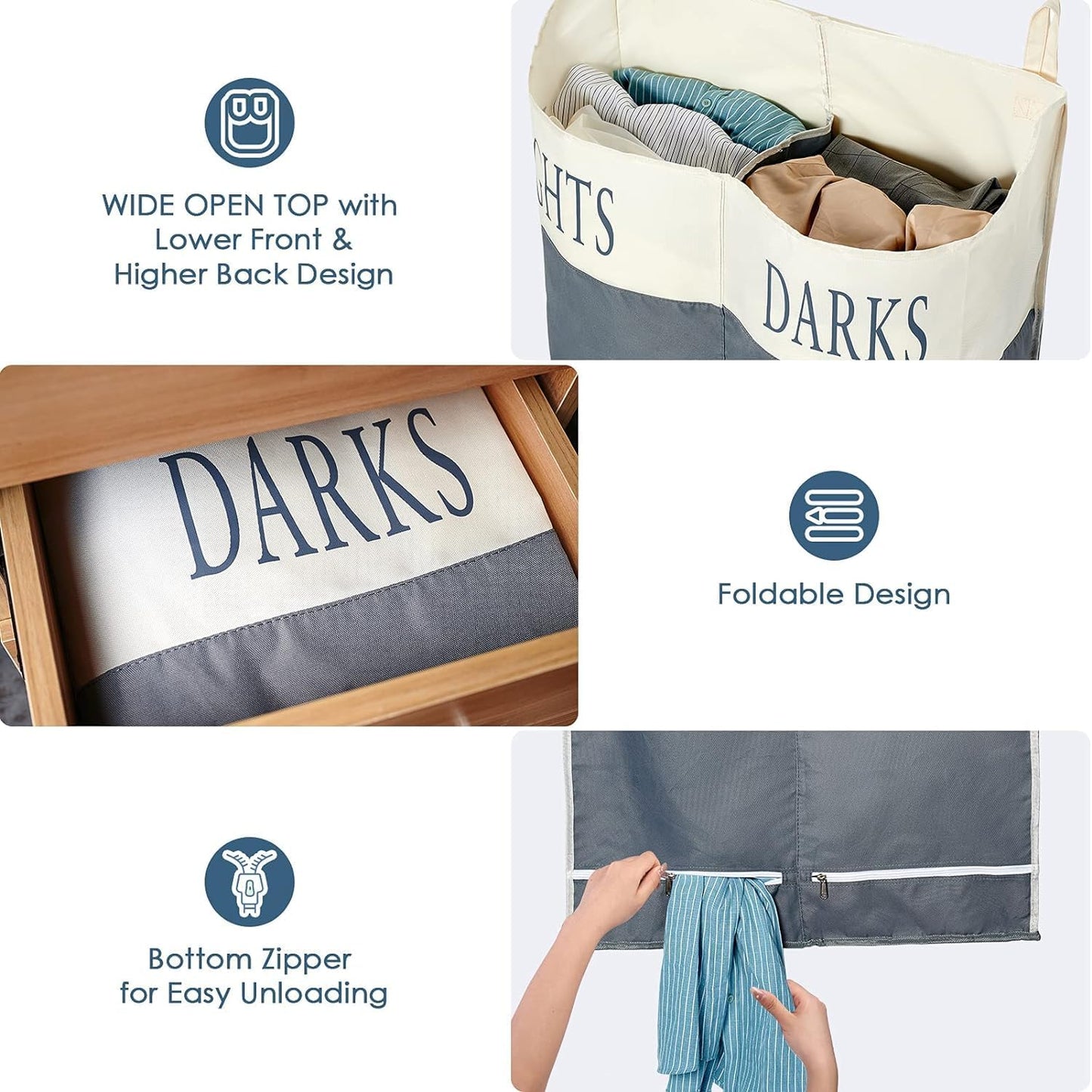 The Fine Living Co. X-Large Two Compartments Hanging Laundry Hamper with Over Door Hooks, Durable Space Saving Laundry Bag Storage with Bottom Zipper, Wide Open Top Dark/Light Compartment(25"x10"x31")