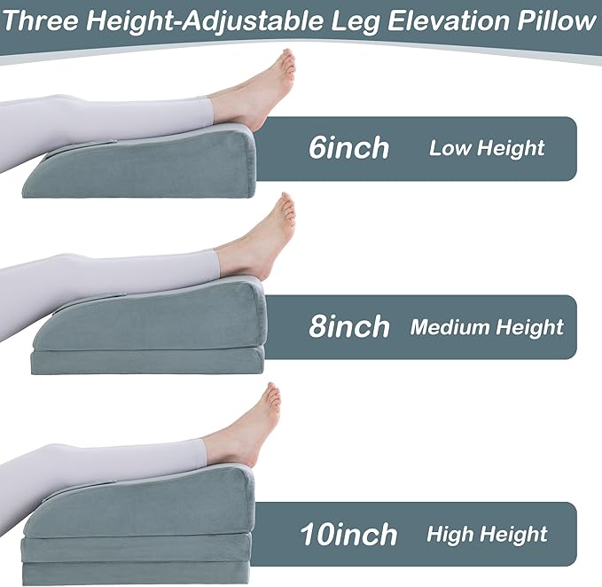 BALAPET Adjustable Leg Elevation Pillows, 10" Height Memory Foam Wedge Leg Rest Pillow for Circulation, Supportive Bolster Pillow for Pregnancy Relieves Pressure Hip Leg Elevation, Light Grey