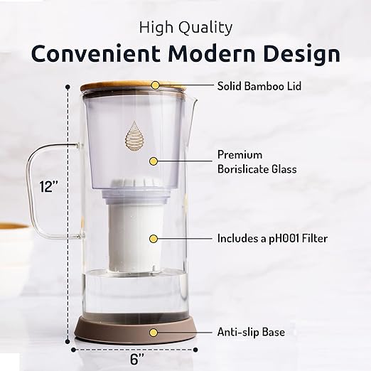 Invigorated Water pH Restore Glass Alkaline Water Pitcher - Long Lasting Water Filter Pitcher with Multi-Stage Filtration System - Glass Water Jug for High pH, Pure Drinking Water - 3.5 L / 118 Oz
