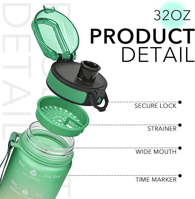 GOSWAG 32oz Motivational Water Bottles with Time Marker and Fruit Strainer, Sports Water Bottle with Times to Drink, Leakproof, Reusable Plastic Bottle with Strap no Straw for Gym, School