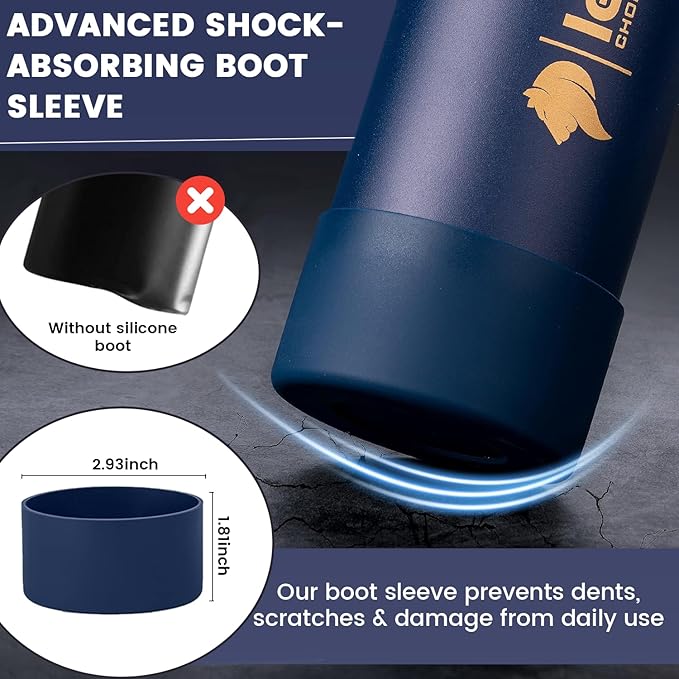 Water Bottle 22oz, Triple Walled Insulated Stainless Steel Reusable Bottle, Silicone Sleeve, Cleaning Brush, 2 Lids (Spout lid & Straw lid w/2 straw), Metal Mug Gallon, BPA Free, Twilight Blue