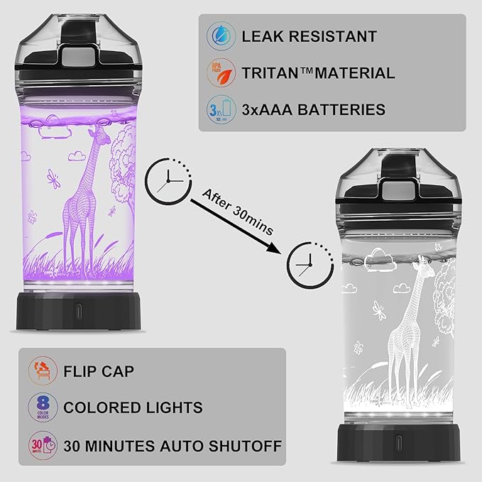 Ammonite Giraffe Kids Water Bottle with 3D Glowing LED Light - 14 OZ Tritan BPA Free - Creative Ideal Travel Cup Gift for School Kid Boy Child Holiday Camping Picnic