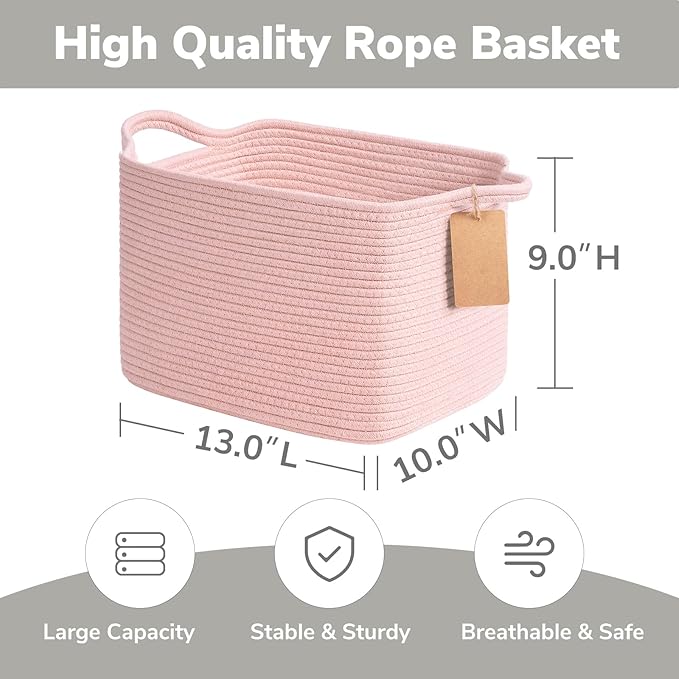Goodpick Woven Storage Basket for Shelves, Small Baskets for Organizing, Rectangle Baby Nursery basket, Towel Baskets for Bathroom, Living Room, 13 x 10 x 9 Inches, Light Pink
