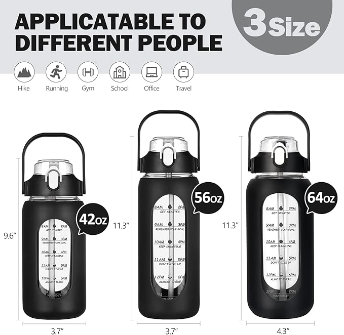 kytffu 42oz Glass Water Bottles with Straw, Motivational Glass Bottle with Silicone Sleeve and Time Marker, Leakproof Large Glass Water Jug for Gym Home Office,Black