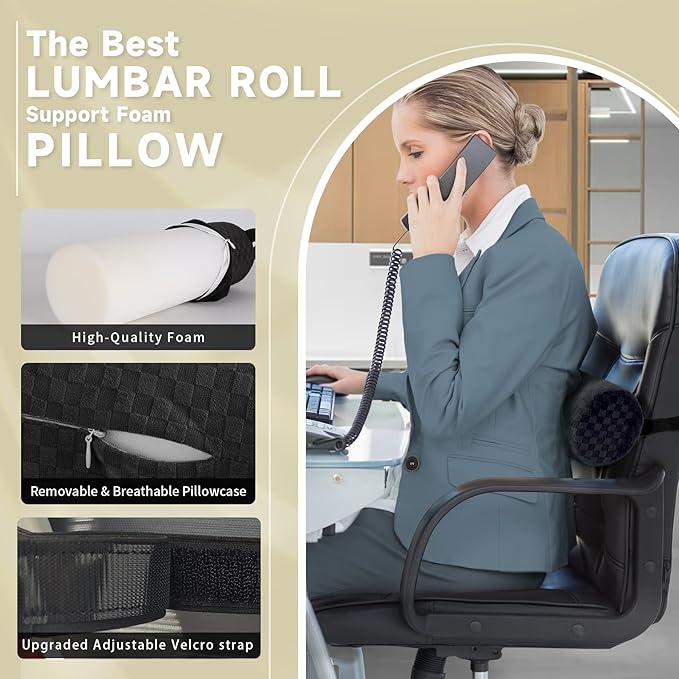 Lumbar Roll Pillow for Lower Back, Lumbar Support Foam Roll Cushion with Pillowcase and Upgraded Strap for Office, Chair, Car, Seat Pain Relief & Improving Posture (Black, Short-11 * 4.3'')
