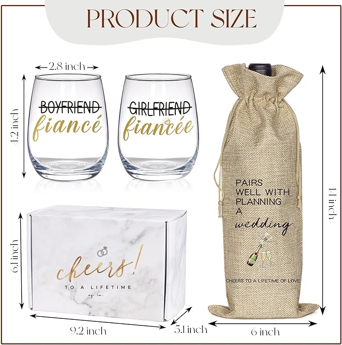 Engagement Gifts for Couples, Boyfriend and Girlfriend Wine Glass and Wine Bag Gift Set, Fiance Fiancee Gift for Him and Her, Bride and Groom Wedding Gifts, Bridal Shower, Engaged Gift for Newlywed