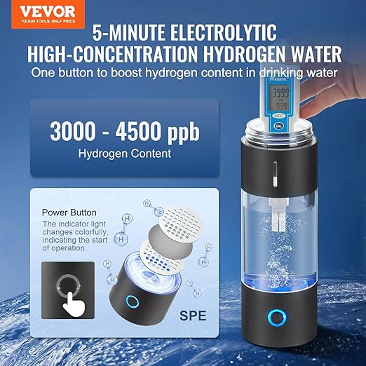 VEVOR Hydrogen Water Bottle, Hydrogen Water Bottle Generator up to 4500 ppb, 230ml Portable Hydrogen Water Machine, SPE Technology hydrogen water generator with Nasal Inhalation Tube and Self-Cleaning