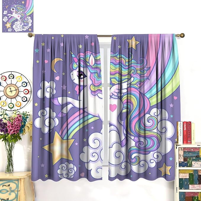 Kids Unicorn Curtains Purple Cartoon Rainbow Cartoon Room Blackout Curtains Boys Girls Baby Room Decor Curtains Living Room Decor 55x63 Inch 2 Panels
