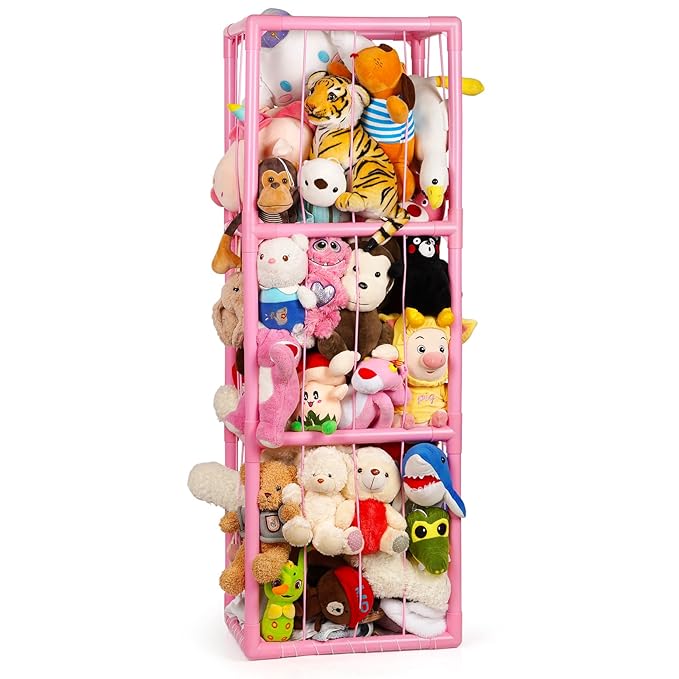 Trycooling Stuffed Animal Storage Zoo Stuffed Animal Holder Space Save Vertical Stuffed Animals Storage PVC with Elastic Band and Net for Playroom Birthday Gift for Bedroom Nursery - Pink
