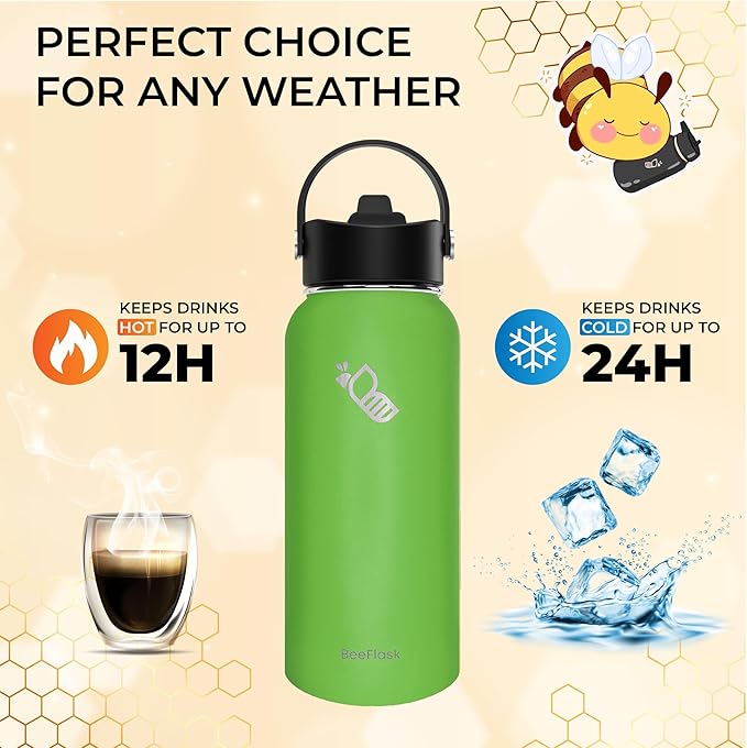 Sports Water Bottle - 32 Oz, 3 Lids (With straw), 50 Cute Stickers, Vacuum Insulated, 308 Stainless Steel, with a Portion of Sales Supporting Bee Conservation Efforts (Forest Green)