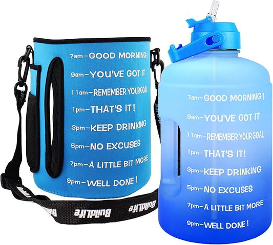 QuiFit 1 Gallon Water Bottle - with Straw & Motivational Time Marker Leak-Proof BPA Free Reusable Gym Sports Outdoor Large(128OZ) Capacity Water Jug(Blue/Blue with Sleeve,1 Gallon)