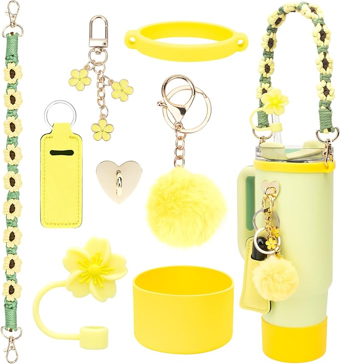 Stanley Cup Accessories Set Including 1 Pcs Water Bottle Handle Strap, 1 Pcs Siliocne Straw Cover, 1 Pcs Siliocne Stanley Cup Boot, 3 Pcs Stanley Charms for Stanley Cup 40oz & 30oz Tumbler - Yellow