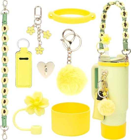 Stanley Cup Accessories Set Including 1 Pcs Water Bottle Handle Strap, 1 Pcs Siliocne Straw Cover, 1 Pcs Siliocne Stanley Cup Boot, 3 Pcs Stanley Charms for Stanley Cup 40oz & 30oz Tumbler - Yellow