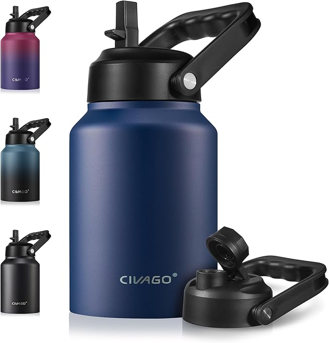 CIVAGO Half Gallon Insulated Water Bottle Jug with Straw, 64 oz Large Stainless Steel Sports Metal Water Flask with Handle, Big Thermal Water Cup Mug with 2 Lids for Camping & Fishing, Navy Blue