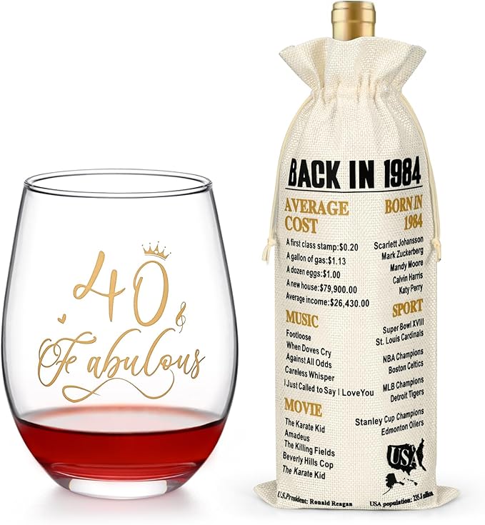 DAZLUTE 40th Birthday Gifts for Women, 40 & Fabulous Wine Glass with 1 Pack Reusable Burlap Wine Bag, 40 Year Old Wine Glass Birthday Gift for Women Mom Friend Sister Wife Aunt Coworker, 17 Oz Gold