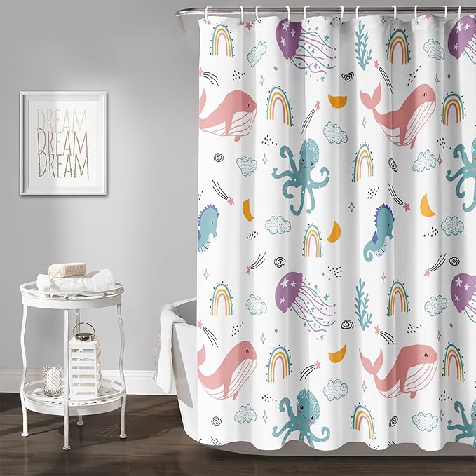AILONEN Cartoon Dolphin Shower Curtain for Kids 48" W*72" H Inch,Cute Seahorse Rainbow Octopuses Shower Curtain,Ocean Life Theme 12 Pack Hooks Polyester Waterproof Fabric Decor for Bathroom