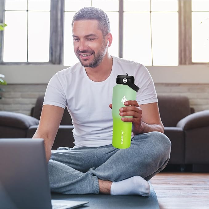 SENDESTAR Water Bottle 32oz,2 Lids(Straw lid),Wide Mouth Stainless Steel Vacuum Insulated Double Wall Keep Liquids Cold or Hot All Day,Sweat Proof Sport Design,Fit Car Cup Holder(Neon)