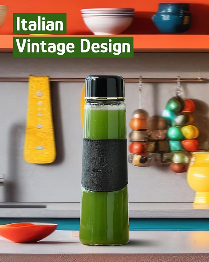 Hazel Quinn Glass Water Bottles - 450 mL / 15 oz Borosilicate Glass Juice Bottle with Leather Cup Sleeve, Reusable BPA Free