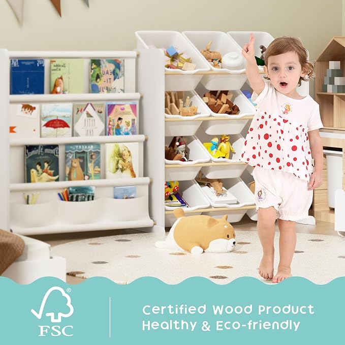 Kids Toy Storage Organizer - Toy Organizer with Kids Bookshelf, Toy Storage with 12 White Toy Bins and 4 Book Shelves, Toy Organizers and Storage for Playroom, Nursery, Kids Room, White