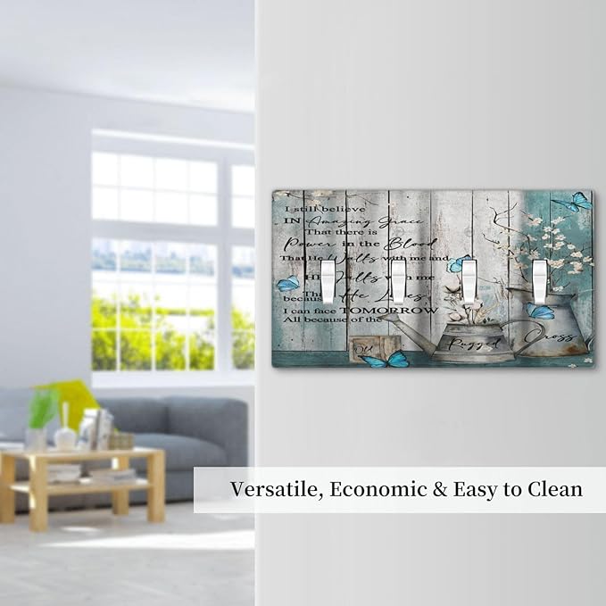 Vintage Teal Butterfly Inspirational Quotes Wood Plank Quad Toggle Light Switch Covers 4 Gang Wall Plate Decorative Switchplate Electrical Faceplate for Farmhouse Country Bedroom Kitchen Decor