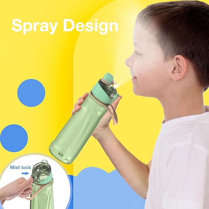 FEIJIAN Mist Water Bottle,22oz Sports Water Bottle with 2-IN-1 Mist & Sip Function, BPA-Free Plastic Water Bottles, Misting Water Bottle, Leakproof & Lightweight, Ideal for Fitness and Outdoor, Green