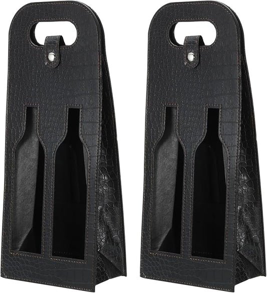 PATIKIL 2 Bottle Wine Gift Bag, 2 Pack Wine Bag Reusable Leather Wine Tote Carrier for Wine Bottles Portable Champagne Gift Bags for Picnic Party Wedding, Black-2