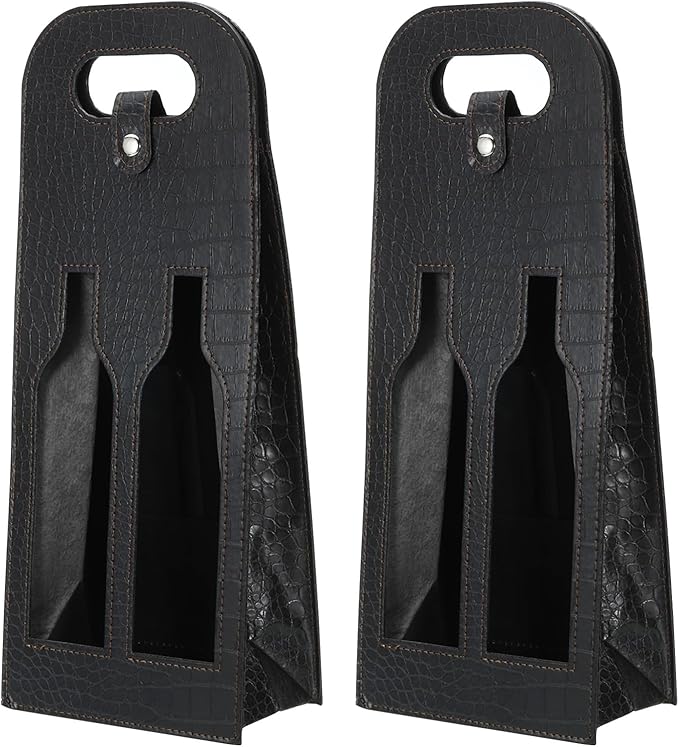 PATIKIL 2 Bottle Wine Gift Bag, 2 Pack Wine Bag Reusable Leather Wine Tote Carrier for Wine Bottles Portable Champagne Gift Bags for Picnic Party Wedding, Black-2