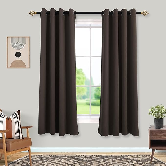Dark Brown Blackout Curtains 2 Panels,Grommet Dark Academia Moody Curtains for Bedroom Bathroom 63 Inch Length,Coffee Colored