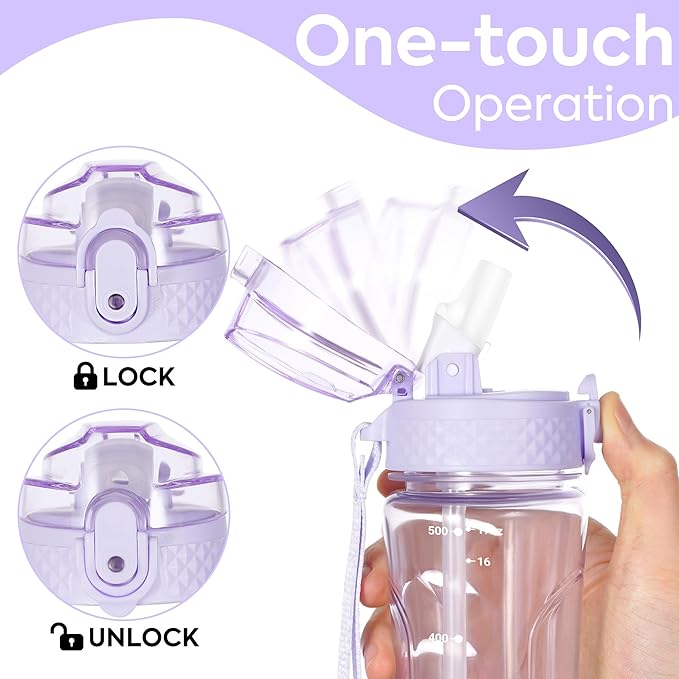 OLDLEY Kids Water Bottle with Straw 15 oz BPA-Free Leak-Proof Motivational Water Bottles with Time Marker for School Sports Travel Gym, Easy to Use for Girls Goys, 1 Straw Lid, Transparent-purple